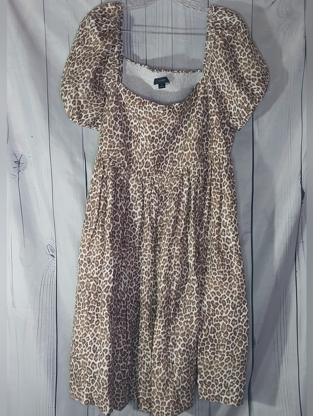 J.Crew Linen-Cupro Blend Leopard Print Square Neck Puff Sleeve Babydoll Dress